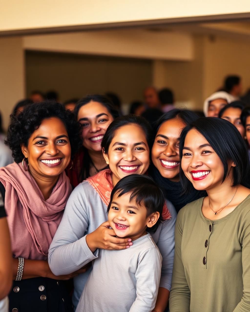 Multicultural group of women and a child smiling together