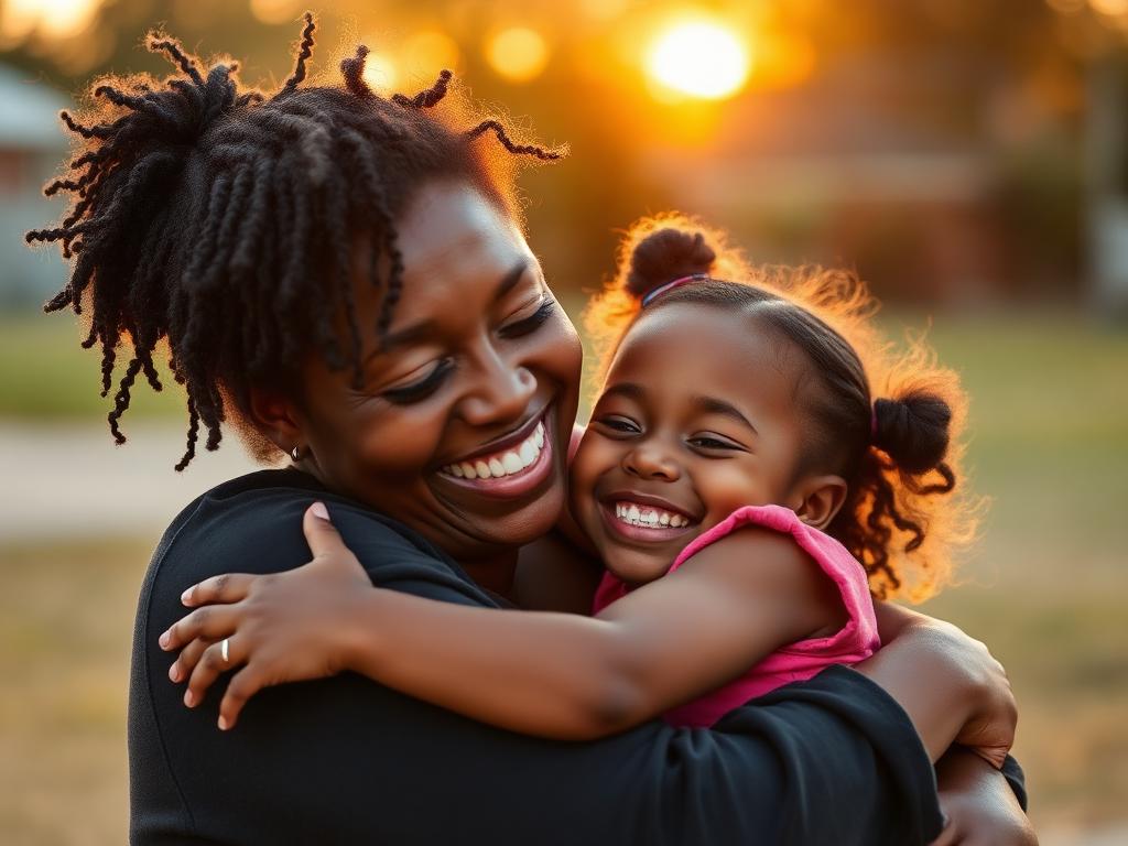 Black mother and daughter sharing a joyful hug