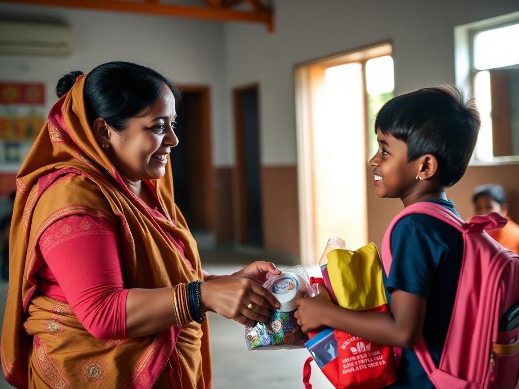 South Asian woman handing school supplies to a child