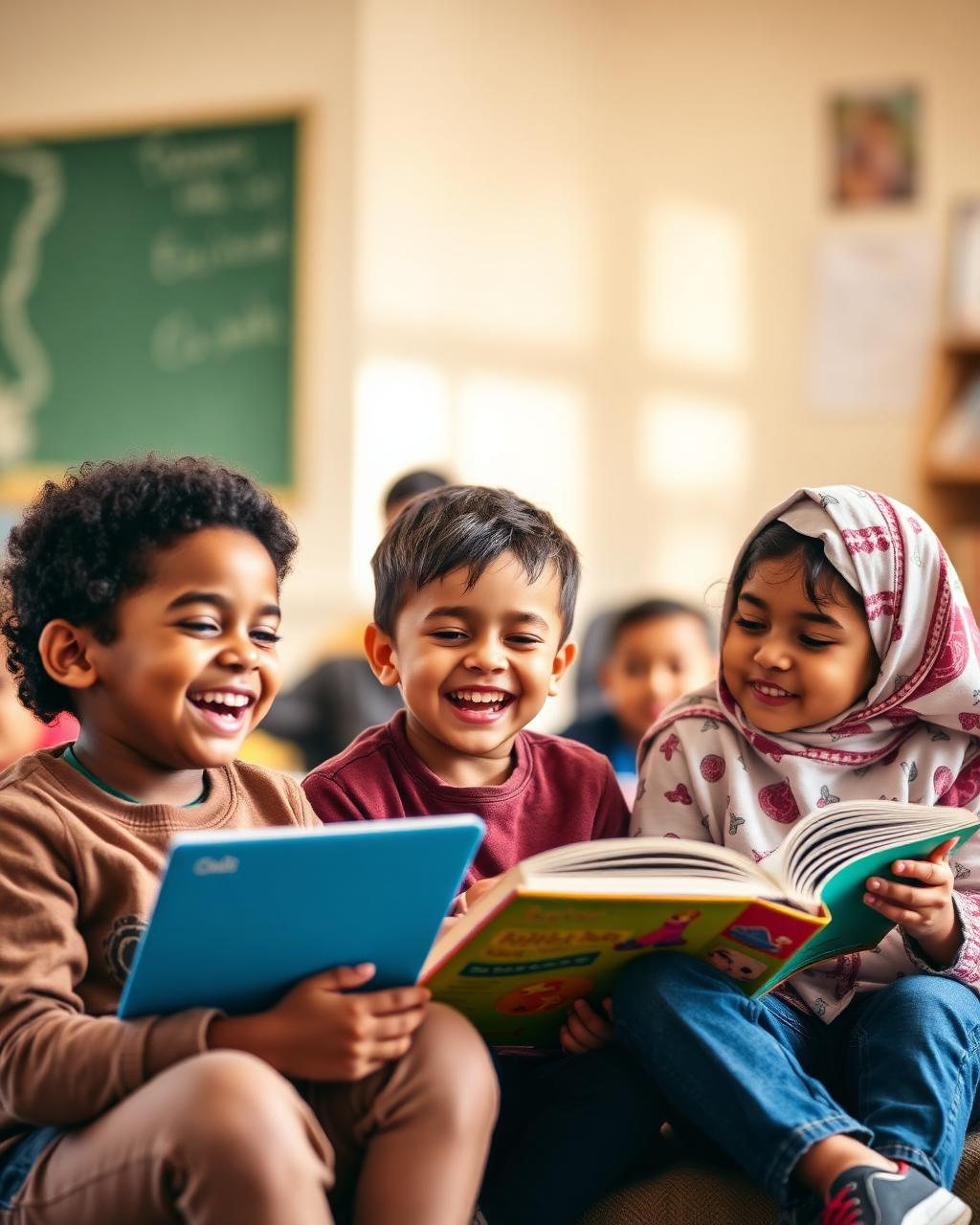 Multicultural children laughing and reading together