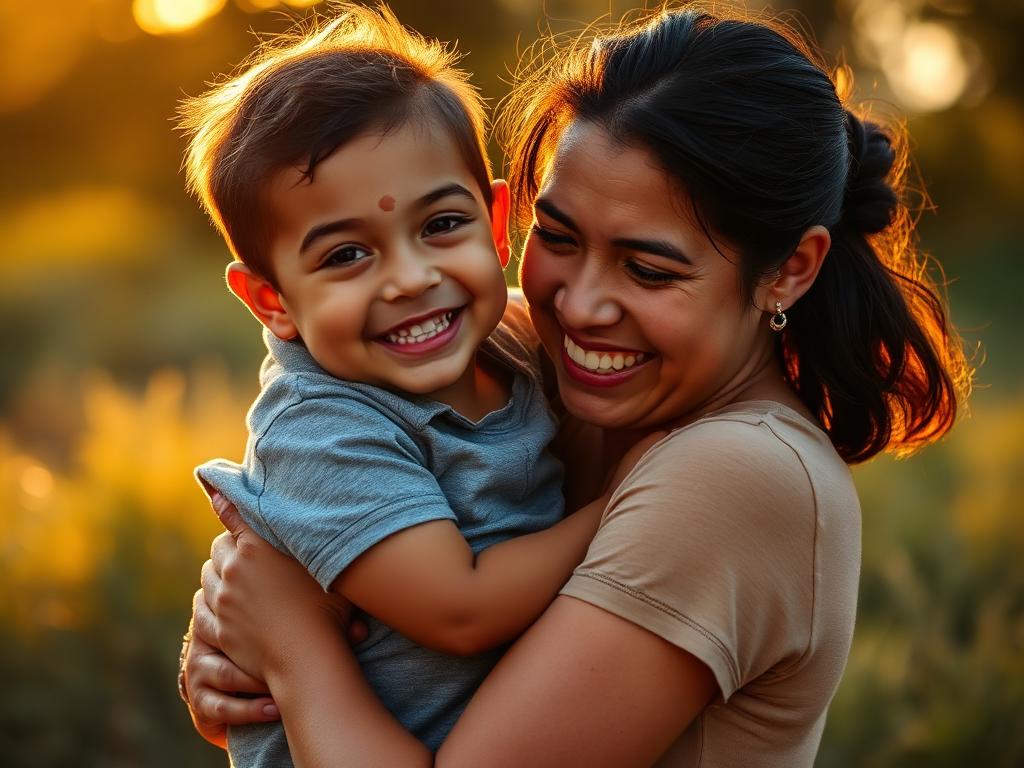 Latina mother holding her smiling son