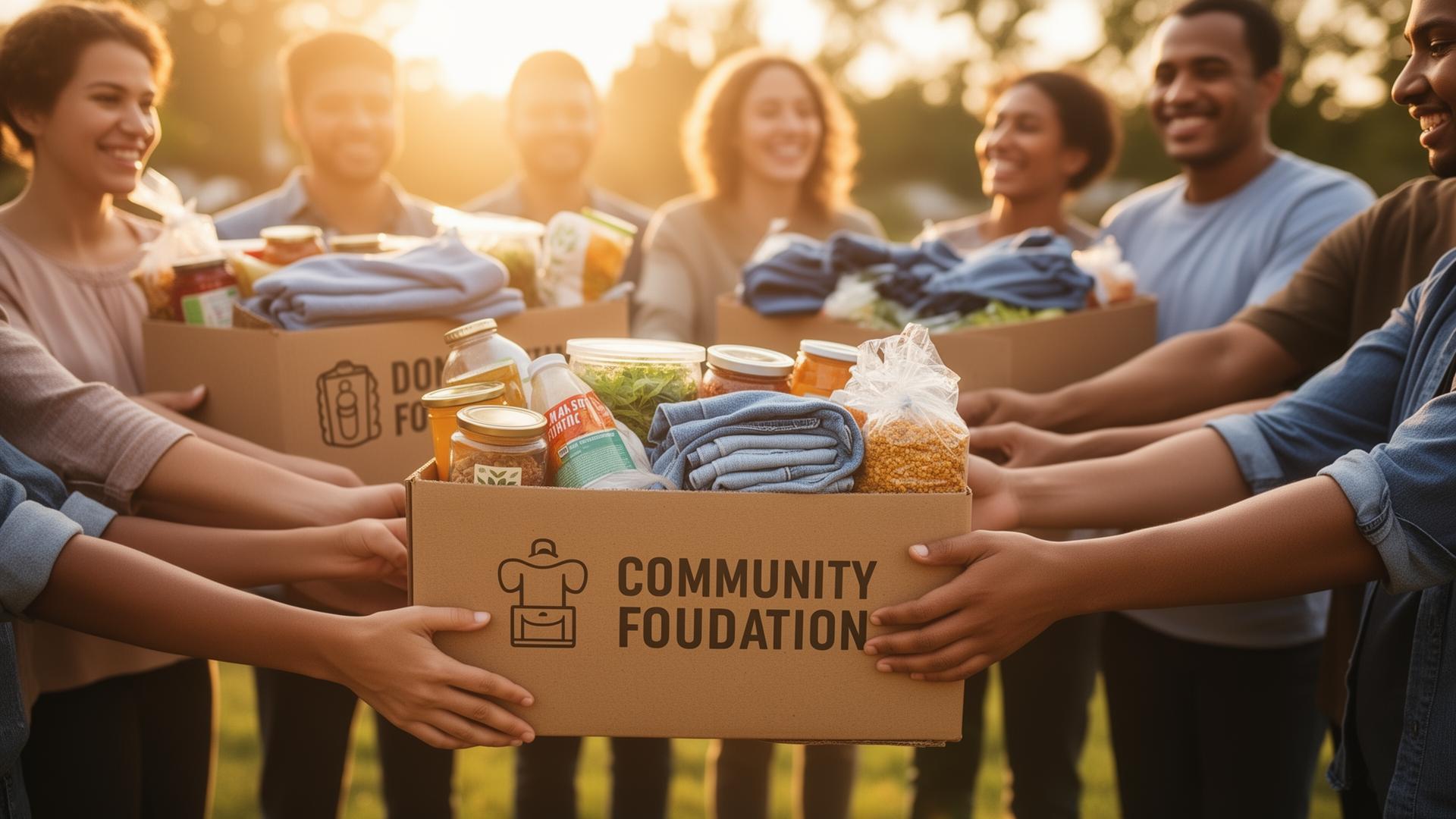 Volunteers holding donation boxes together at sunset